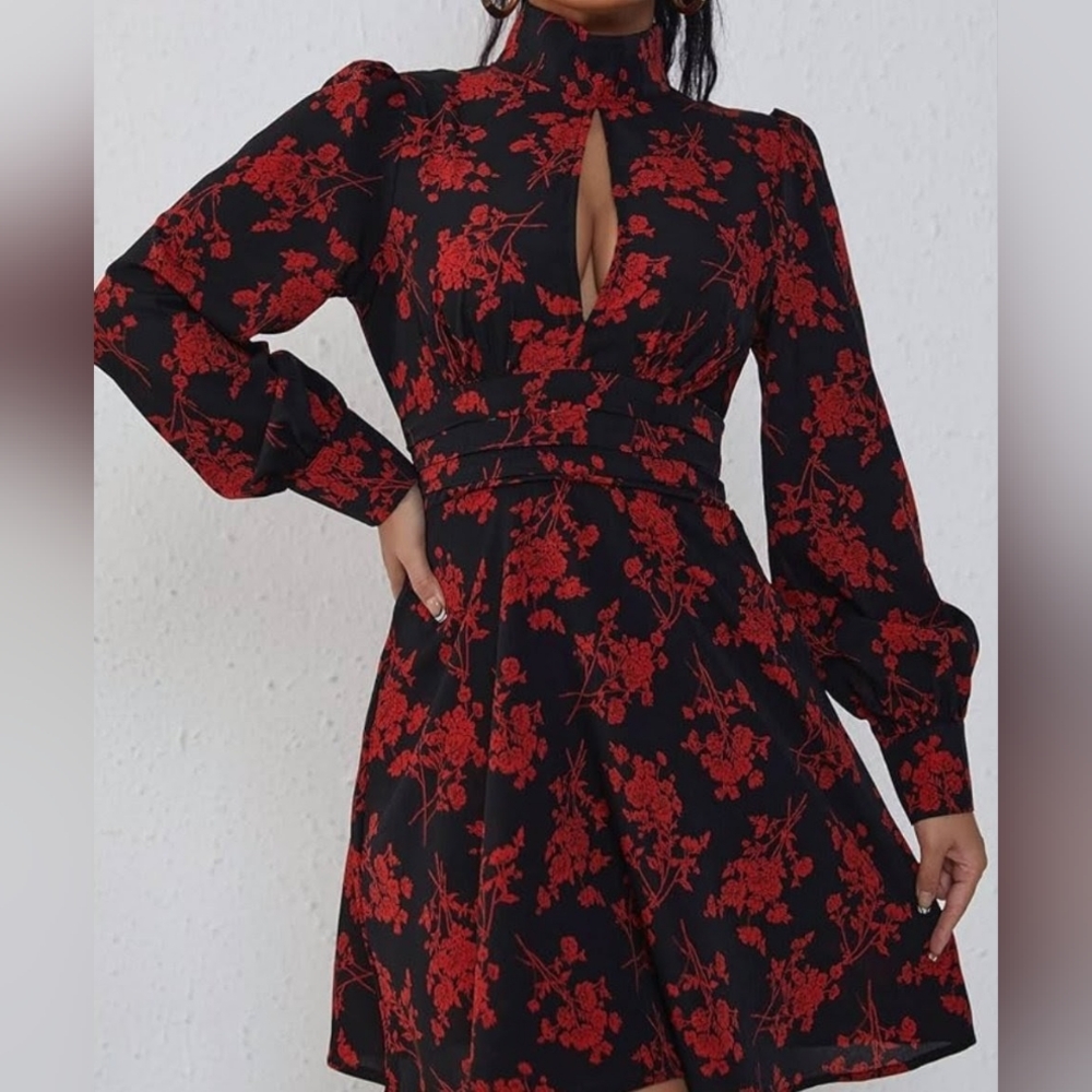 SHEIN Black and Red Sexy Floral Mini Dress Keyhole Neck Long Sleeve